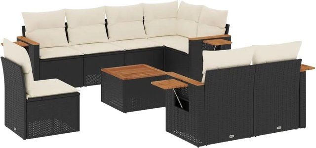 vidaXL 9-teilige Garten-Sofagarnitur in L-Form aus Poly-Rattan und Akazienholz mit Kissen in Schwarz-Creme - Bild 1