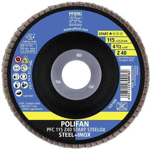 PFERD POLIFAN Fächerschleifscheibe START STEELOX für Stahl und Edelstahl, Durchmesser: 115 mm, Bohrungs-Ø: 22,23 mm, Körnung: 40, 10 Stück - Bild 1