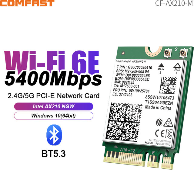 COMFAST NGFF M.2 WLAN-Modul WiFi6 AX210 mit Bluetooth 5.2 für Laptop, 2,4G/5G/6GHz, bis zu 5374Mbps/3000Mbps - Bild 1