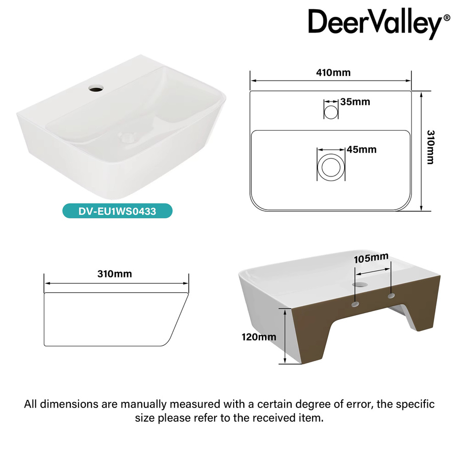 DeerValley Wandmontiertes Waschbecken aus Keramik in Weiß, Rechteckig, B/T/H: 41 x 31 x 12 cm - Bild 2