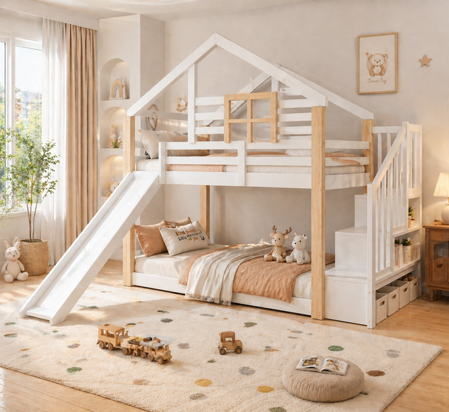 LVHOM Kinderbettgestell im skandinavischen Stil aus Massivholz mit Rutsche, Treppe und Stauraum, Farbe: Weiß - Bild 1