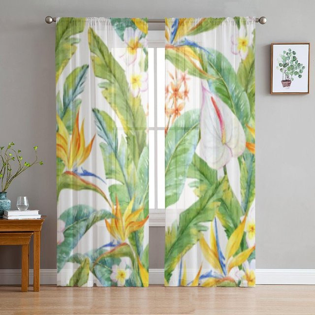 Super Six Aquarell Plumeria Blumen Tüll Vorhänge aus Organza, Transparent, Mehrfarbig, B: 135 cm, H: 244 cm, 2er-Set - Bild 1