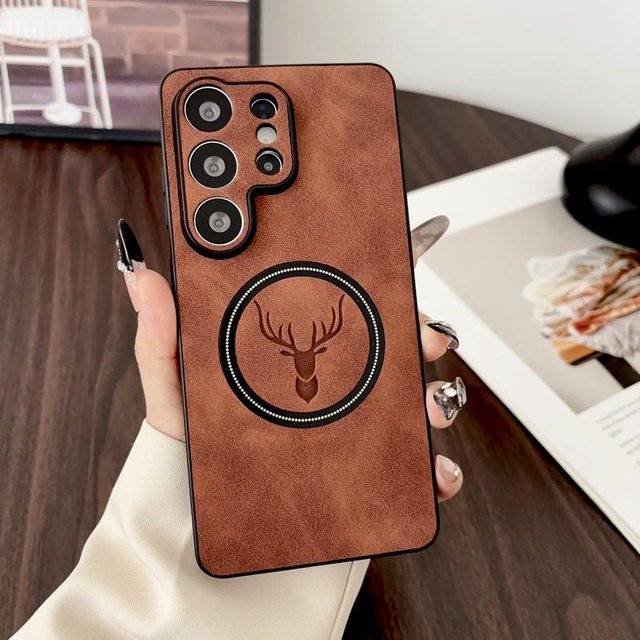 Leder Geweih Kopf Schutzhülle für Samsung Galaxy S26 Ultra S25 Ultra S24 Ultra S23 Ultra S22 Ultra Plus, Farbe: Braun - Bild 1
