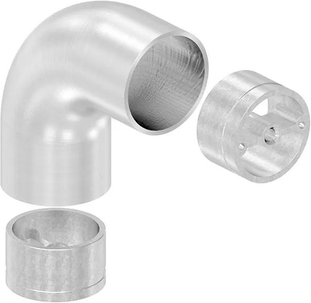 FeNau Rohrbogen 90 Grad aus Edelstahl V2A in Silber, geschliffen, Durchmesser: 42,4 mm, inklusive Adapter für Holzhandläufe - Bild 1