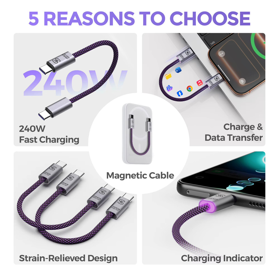 MOSHOU PD 240 W magnetisches USB-C-auf-USB-C-Schnellladekabel, geflochtenes Typ-C-Ladekabel, Lila - Bild 2