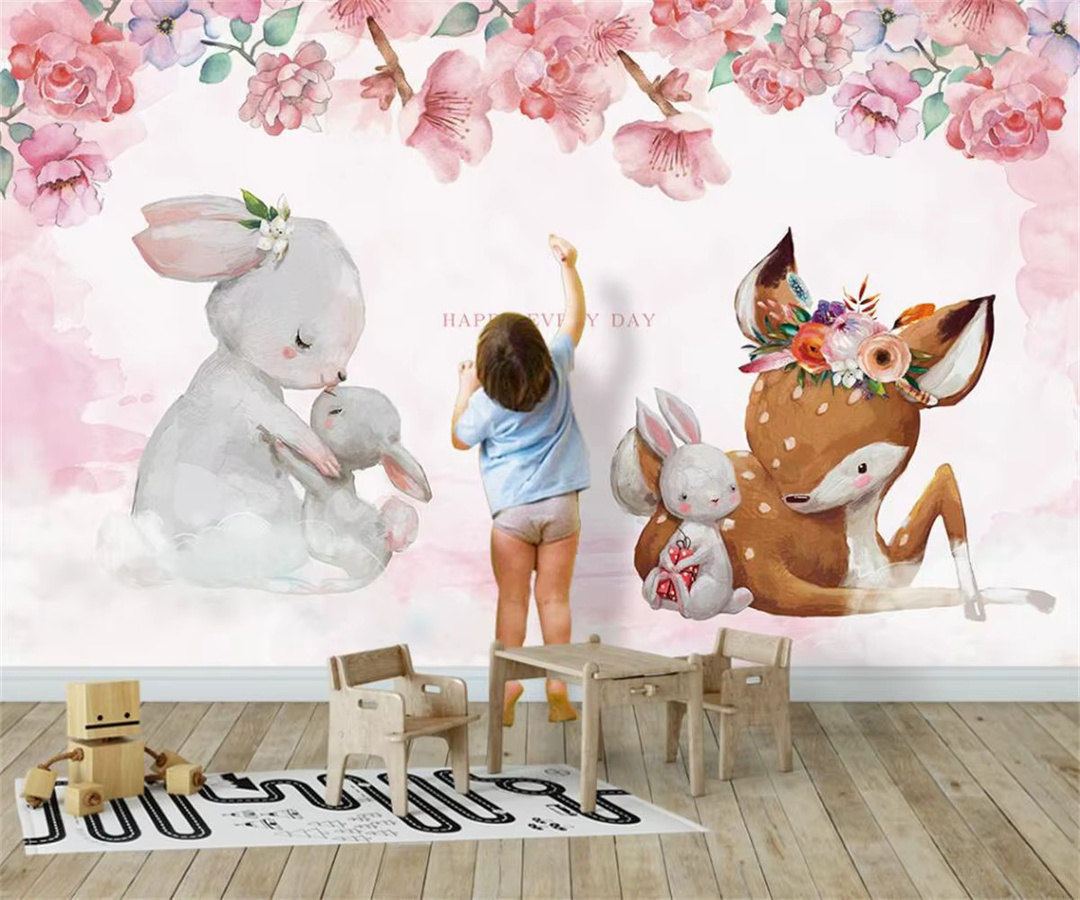 Dekorative 3D Tapete für das Kinderzimmer mit Kirschblüten und Kaninchen in Rosa - Bild 1