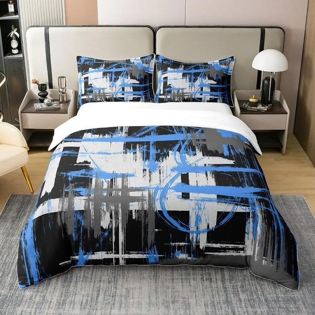 Modernes geometrisches Bettwäscheset von Your Warm Home in Rot, Grau, Weiß und Blau mit Streifen-Design, bestehend aus einem Bettbezug und 2 Kissenbezügen aus Mikrofaser - Bild 1
