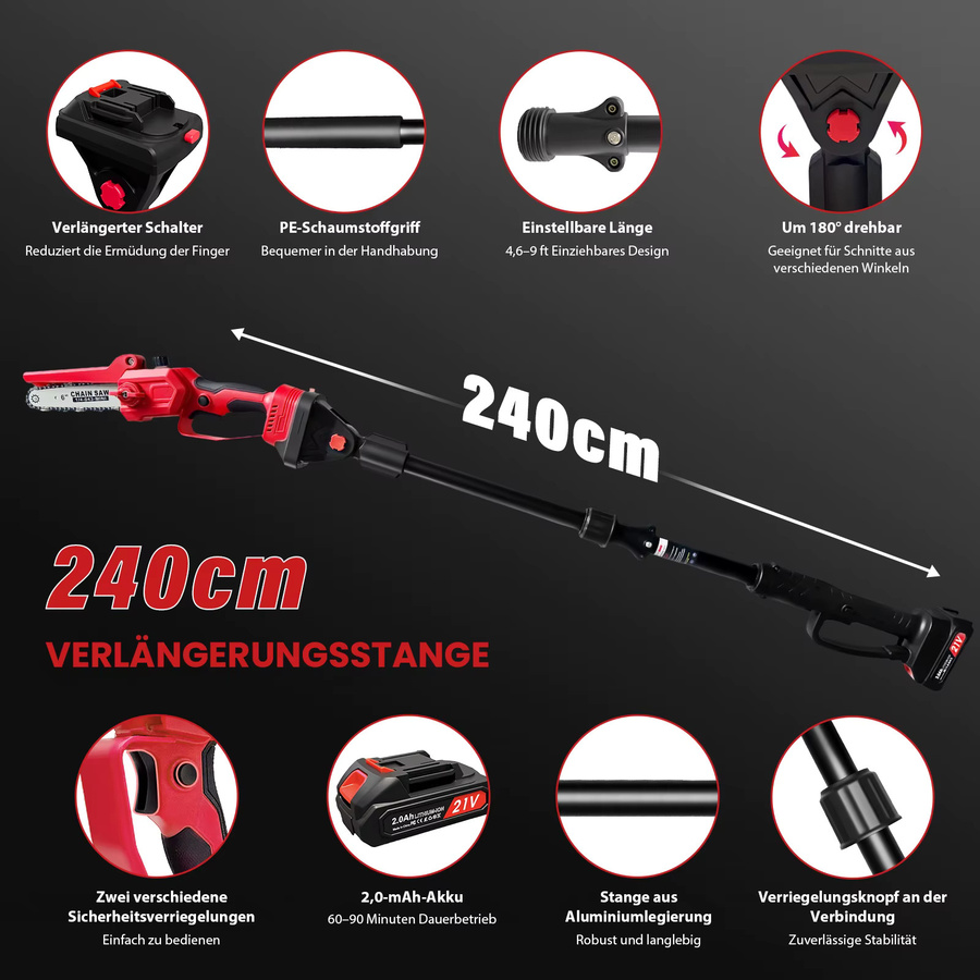 4-in-1 Mini Akku-Kettensäge mit 6 Zoll Schneide, 21V Bürstenlose elektrische Astschere mit Verlängerungsstange, Rot - Bild 4