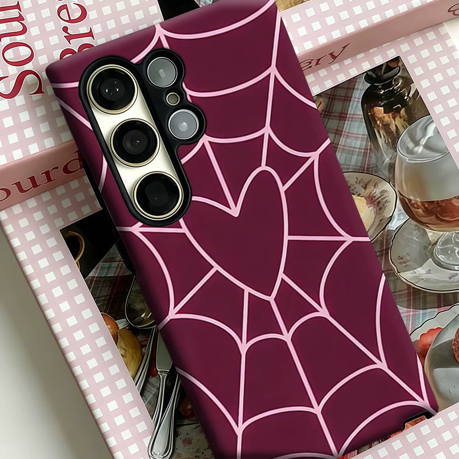 Stoßfeste Doppelschicht Handyhülle mit Spinnennetz-Herz-Design für Samsung Galaxy S26 S25 S24 S23 Ultra Plus in Burgunderrot und Violett - Bild 4