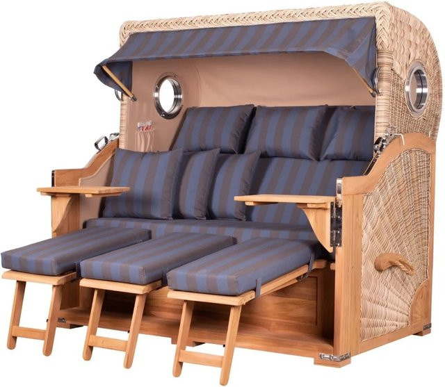 bene,iving Strandkorb Komplettset Königssee 3 Sitzer aus Teakholz mit PE Shell Modell 582, Braun, inklusive Liftersystem, Schutzhülle, Doppelrollen und Glasbecherhalter - Bild 1