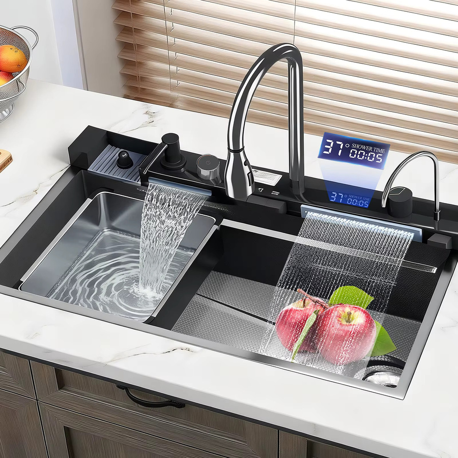 DWiusty Wasserfall-Küchenspüle aus Edelstahl 304 in Silber oder Schwarz mit Digitalanzeige, Seifenspender und Tassenwascher - Bild 6