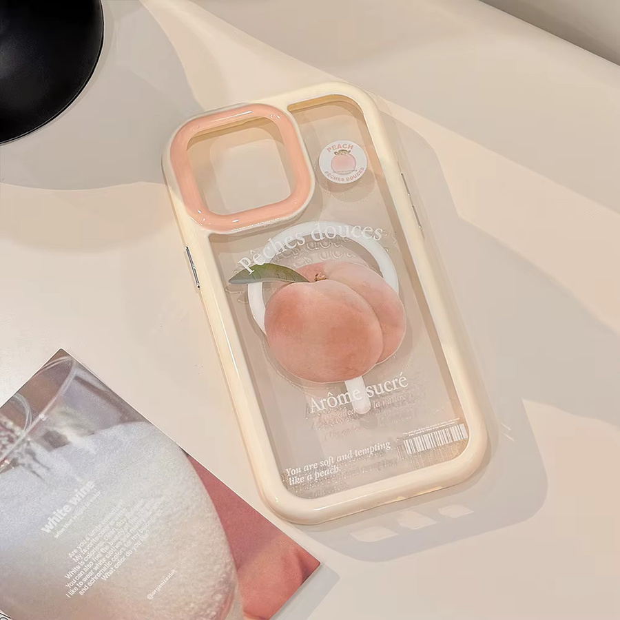 MUQGEW Handyhülle mit magnetischer Halterung im Koreanischen Cartoon-Design, Grüner Apfel und Pfirsich, Transparent und Stoßfest für iPhone 17, 16, 15, 14, 13, 12, 11 Pro Max - Bild 2