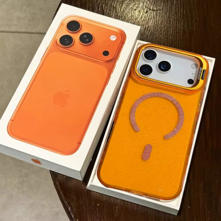 Stoßfeste Glitzer-Magnetständer-Hülle für iPhone 17 16 15 14 13 Pro Max Plus mit MagSafe Wireless Charging Clear Cover in Transparent Orange - Bild 1