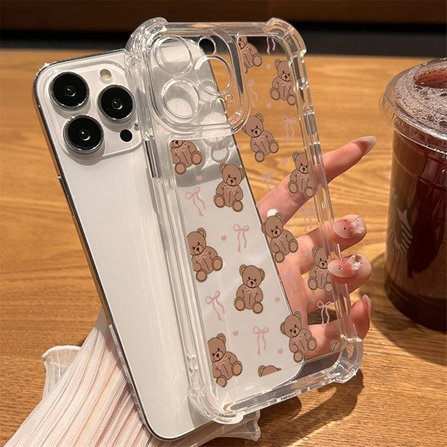 Transparente Silikon Handyhülle mit Bärenschleife für Apple iPhone 11 12 13 14 15 16 17 Pro Max und weitere Modelle - Bild 1