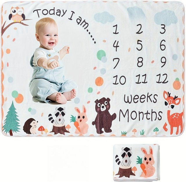 VIKAMA Babydecke mit Tierdruck für Meilenstein-Fotografie und Wachstumskalender, Mehrfarbig - Bild 1