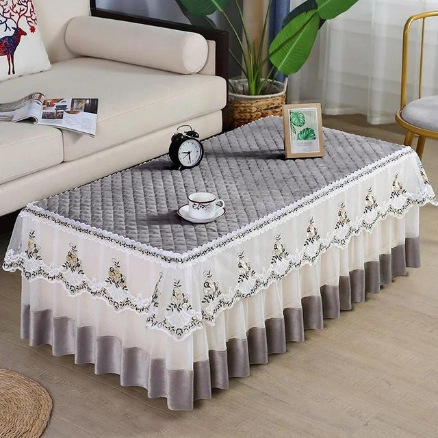 Super Six Tischdecke aus Polyester mit kariertem Muster und bestickter Spitzenkante, grau, rechteckig, B/T/H: 50 x 100 x 40 cm - Bild 1