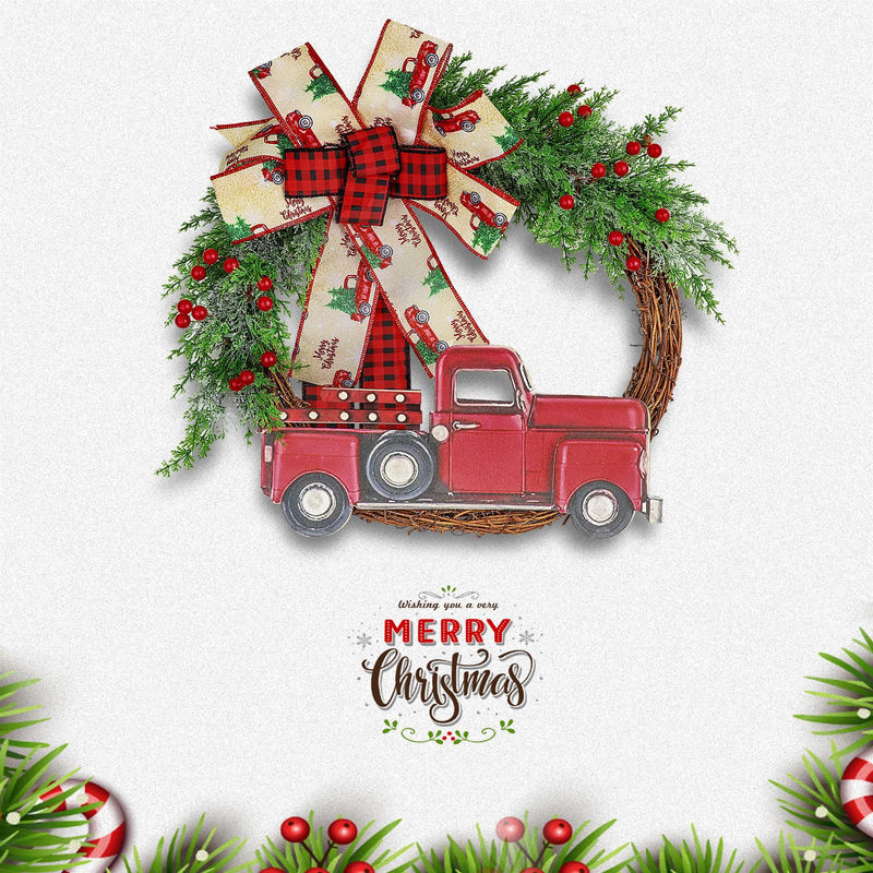 TOMTOP JMS Künstlicher Weihnachtskranz mit rotem Lastwagen in Landhaus-Stil, Rot, Durchmesser: 30 cm - Bild 7