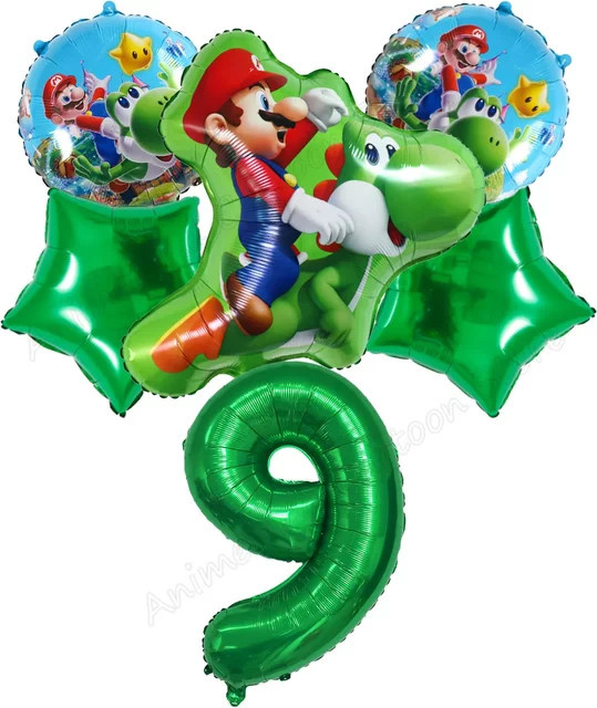 Mario & Yoshi Ballon-Set für Kindergeburtstage mit Folienballons Nummern 01-9 und Deko-Zubehör in Grün von Bandai - Bild 1