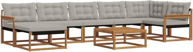 vidaXL Outdoor-Sofagarnitur 8-teilig L-Form aus Akazienholz mit Textilene und Kissen in Hellgrau - Bild 1