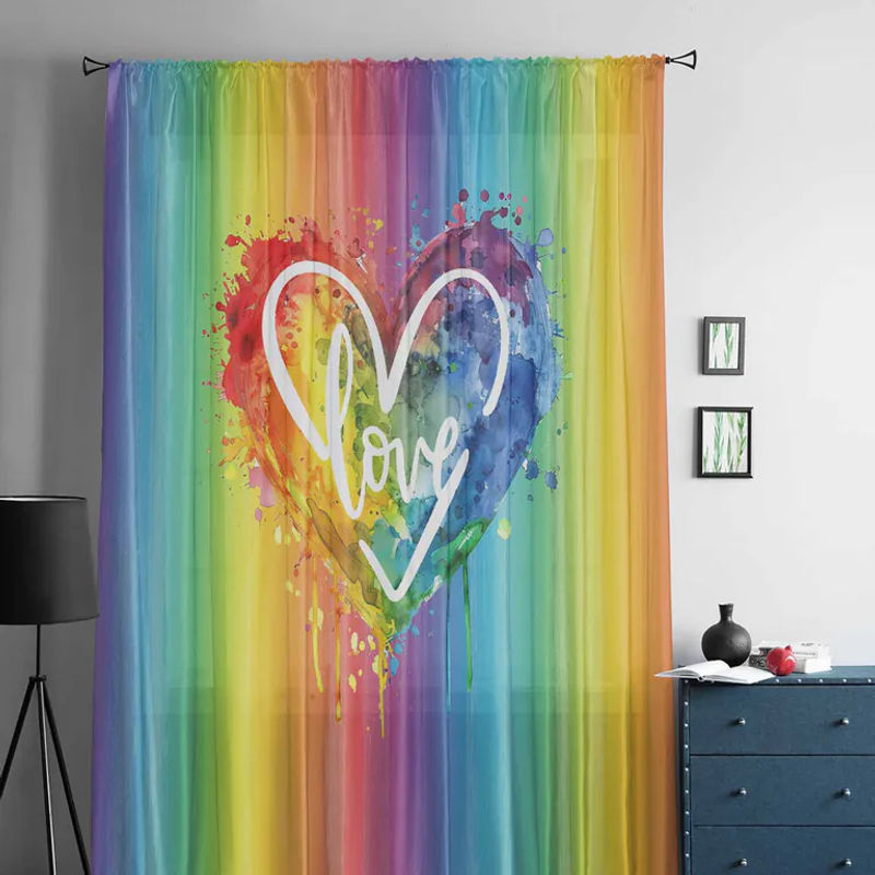 Super Six Regenbogen Aquarell Liebesherz Tüll Vorhang aus Chiffon, Transparent, Gelb/Mehrfarbig, B: 135 cm, H: 114 cm - Bild 3