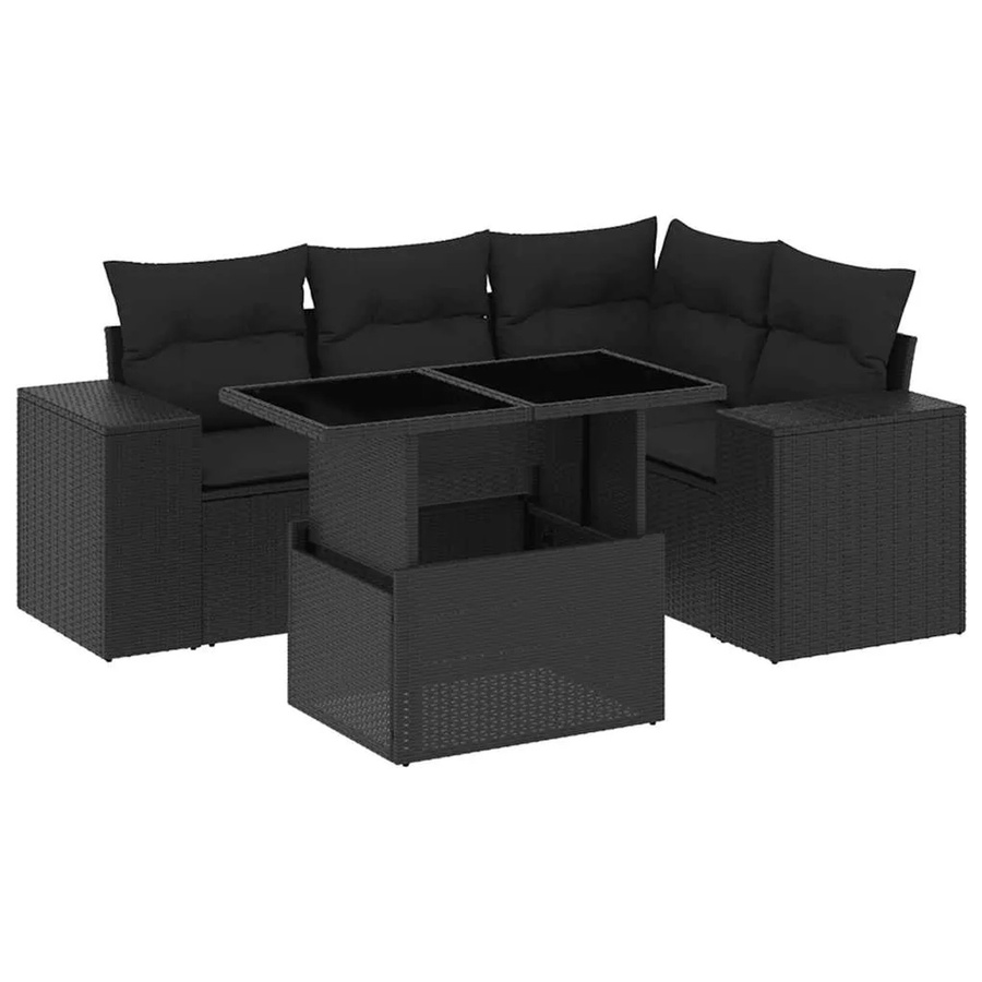 vidaXL 5-tlg. Garten-Sofagarnitur in L-Form aus schwarzem Poly-Rattan mit Kissen und pulverbeschichtetem Stahlgestell - Bild 2