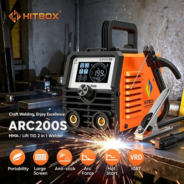 HITBOX ARC200S Tragbarer Mini-IGBT-Inverter-Schweißer 2-in-1 ARC MMA Lift TIG Schweißgerät in Orange mit LED-Display und VRD-Funktion - Bild 1