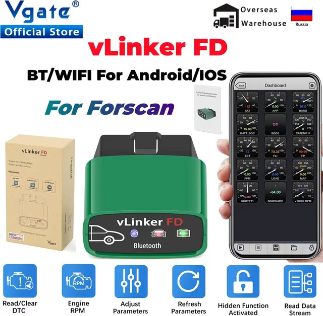 Vgate VLinker FD ELM327 OBD2 Auto-Diagnosegerät für Ford mit WiFi und Bluetooth 4.0 in Grün - Bild 1