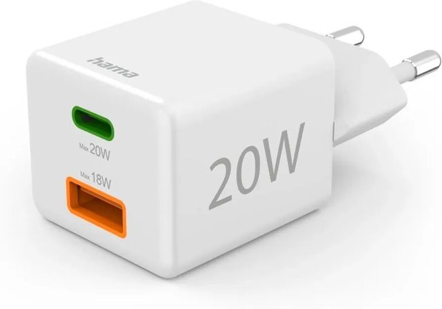 Hama Schnellladegerät mit 1x USB-C und 1x USB-A, PD 20 W, Weiß - Bild 1