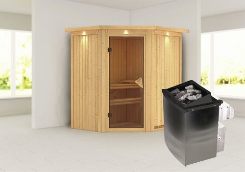 Karibu Sauna Narva aus Fichtenholz in Beige inklusive 9 kW Saunaofen mit integrierter Steuerung für 3 Personen, B/T/H: 202 x 184 x 165 cm - Bild 1