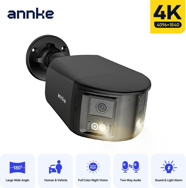 ANNKE 4K 8MP Dual-Objektiv POE Überwachungskamera mit 180 Grad Sichtfeld, IP67 Outdoor-Kamera in Schwarz mit intelligenter Farbnachtsicht, aktiver Abschreckung und Zwei-Wege-Audio für NVR - Bild 1