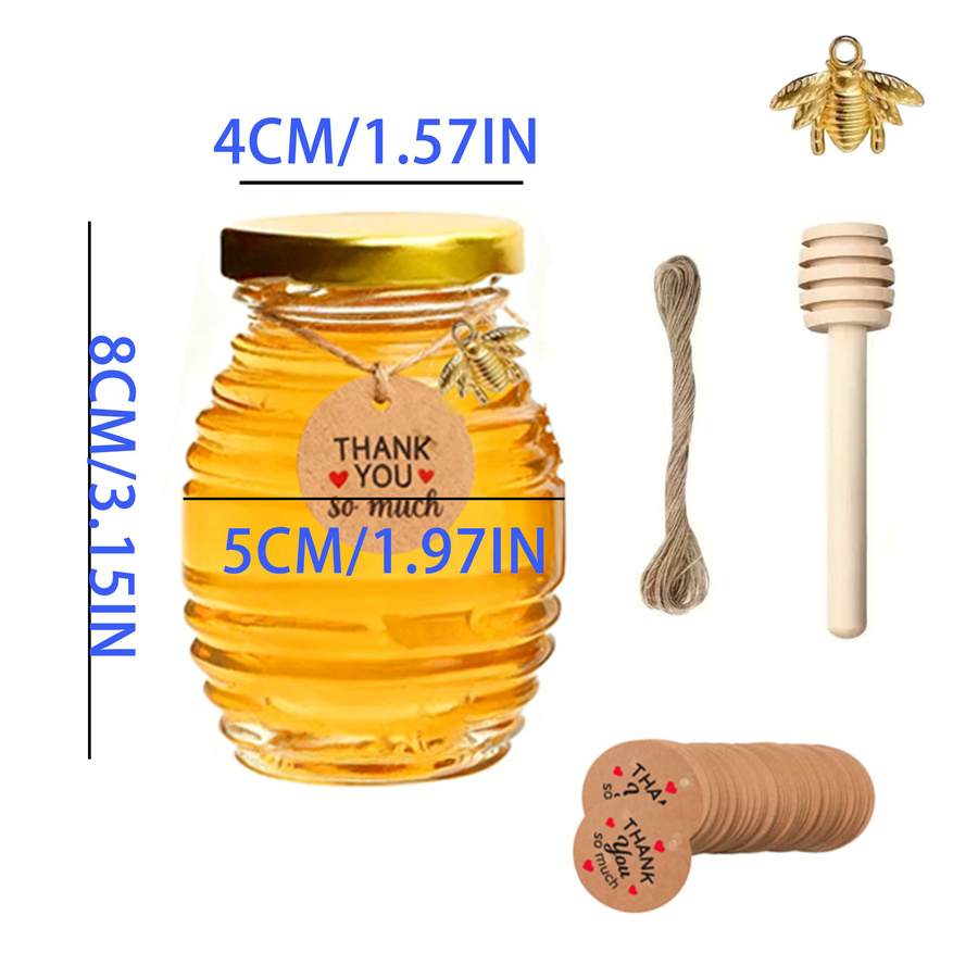 Mini-Glas-Honiggläser-Set aus transparentem Glas mit Golddeckeln und Zubehör, inklusive Holz-Dipperstäbchen und Bienenfiguren, 70 ml - Bild 2