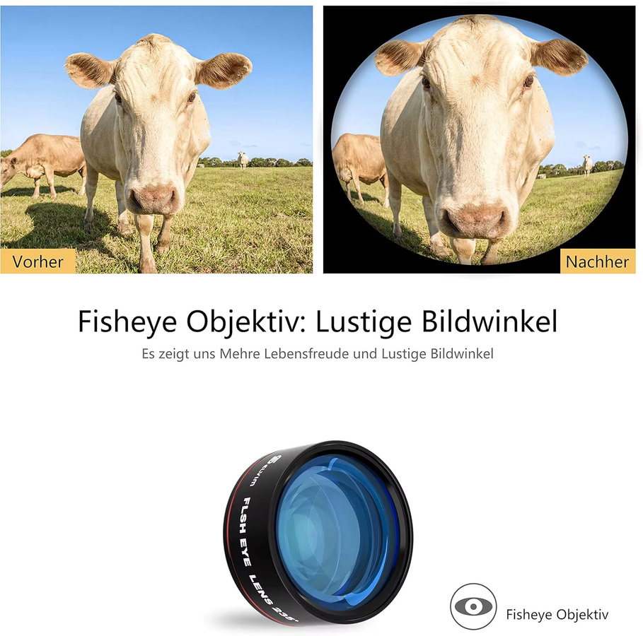 Handy Kamera Objektiv Set in Schwarz mit 0,62X Weitwinkel, +25X Makro, 235° Fischaugenlinse und Mosaik Effekt Linse inklusive Universal Halterung für Smartphones und Tablets - Bild 5