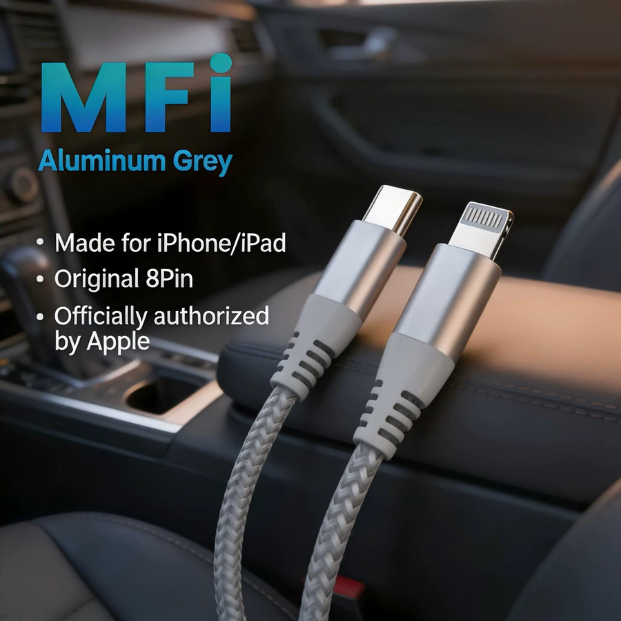 LAIHONEN MFI-zertifiziertes USB-C auf Lightning Schnellladekabel 20W mit Nylon-Ummantelung in Silber/Grau für iOS-Geräte - Bild 5