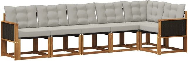 vidaXL Outdoor-Sofagarnitur L-Form aus massivem Akazienholz mit 6 Kissen in Natur und Hellgrau - Bild 1
