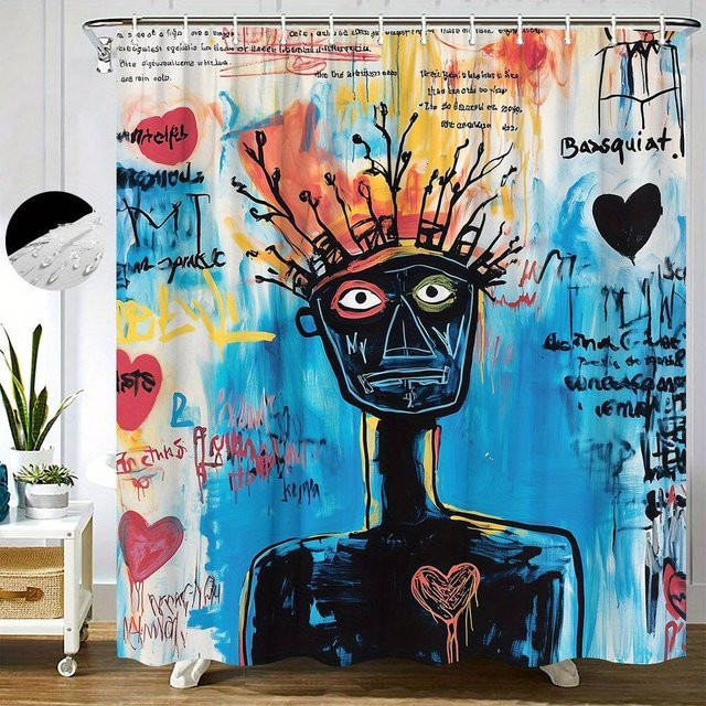 Duschvorhang mit abstrakter humanoider Figur im Graffiti-Stil, Mehrfarbig, Breite: 140 cm, Höhe: 180 cm - Bild 1