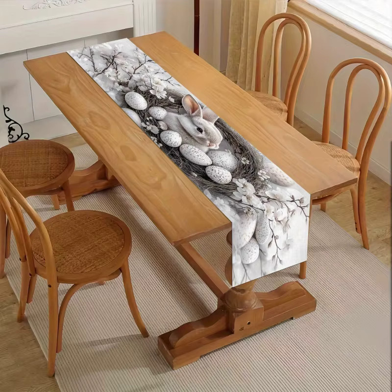 VIKAMA Tischläufer mit Hasen- und Blumenmotiv für Ostern, rechteckige Tischdecke aus Leinen, B/T: 90 x 33 cm - Bild 3