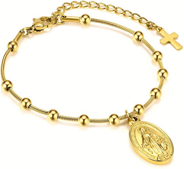 Meaeguet Rosenkranz Kreuz Armband, Edelstahl, Perle, Damen, beige - Bild 1