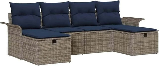 vidaXL Gartensofa-Set aus Poly-Rattan in L-Form mit 6 Kissen, Grau und Marineblau - Bild 1
