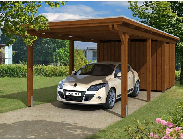 Skan Holz Carport Emsland mit Abstellraum in Nussbaum Braun B/T: 846 x 354 cm, Höhe: 238 cm - Bild 1