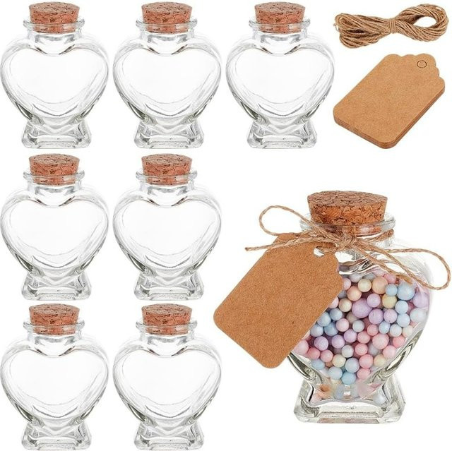 8 Stück herzförmige Glasbehälter mit Korkdeckel, Etikettenanhänger und Schnur, transparent, 60 ml - Bild 1