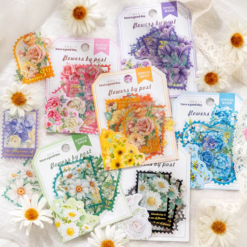 30 Stück transparente PET-Aufkleber mit Blumenmotiven in 6 verschiedenen Arten, bunt und silberfarben, Dekorationsmaterial für Bastelarbeiten - Bild 1