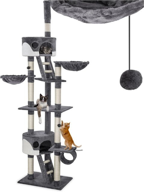 tectake Kratzbaum Hansi in Grau-Weiß mit 2 Katzenhäusern, 2 Treppen und integriertem Spielzeug, B/T/H: 60 x 45 x 243-260 cm - Bild 2
