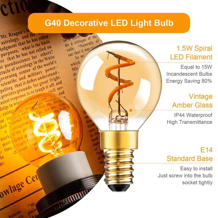 Genixgreen 6er Set G40 Spiral-LED-Glühbirnen mit E14 Gewinde, 1,5W, Warmweiß, Dimmbar, Transparent, Vintage Design - Bild 2