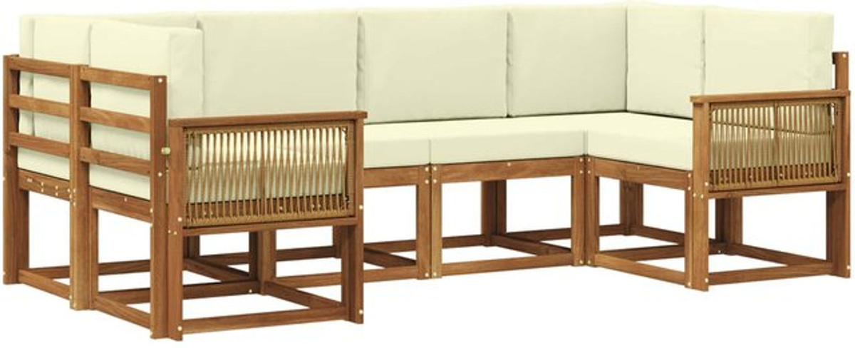 vidaXL Outdoor-Sofagarnitur aus Akazie Massivholz in Natur und Beige, 6-teiliges modernes Loungemöbel-Set - Bild 1