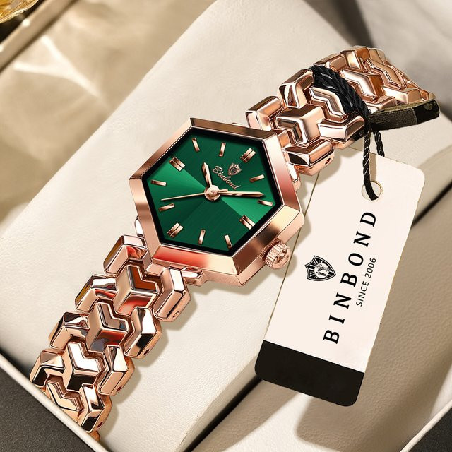 BINBOND Armbanduhr Quarz, Edelstahl, Roségold, Grün, Eckig, Damen - Bild 1