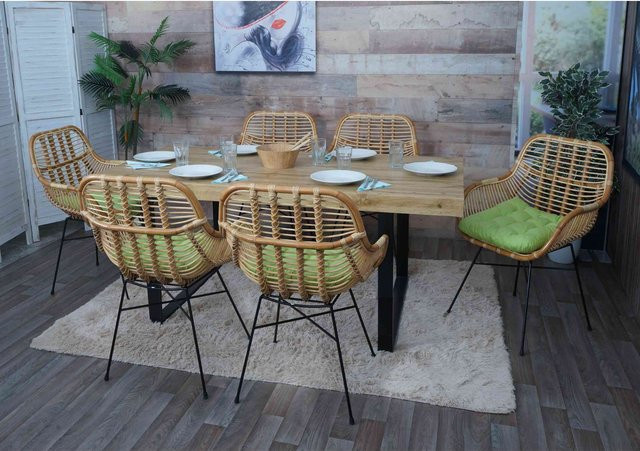 6er-Set Esszimmerstühle MCW-P17 aus Kubu Rattan und Metall mit grüner Polsterung - Bild 1