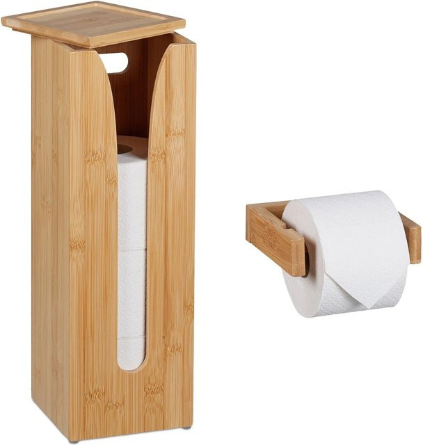 Relaxdays Toilettenpapierhalter Set aus Bambus in Natur, 2-teilig, B/T/H: 43 x 14 x 14 cm - Bild 1