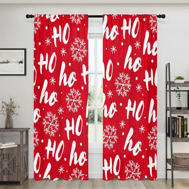 2er-Set Weihnachts-Vorhänge mit Schneeflocken-Motiv in Rot und Weiß, halbtransparent, B: 150 cm, H: 166 cm - Bild 1