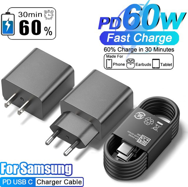 Samsung Original PD 60W Schnellladegerät mit USB-C Typ-C Kabel in Schwarz - Bild 1