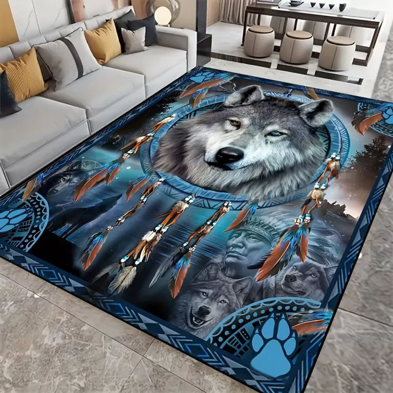 VIKAMA Native American Wolf Dreamcatcher Teppich in Blau, rutschfeste und waschbare Matte mit Tribal-Wolf-Feder-Print für Wohnzimmer und Schlafzimmer - Bild 5